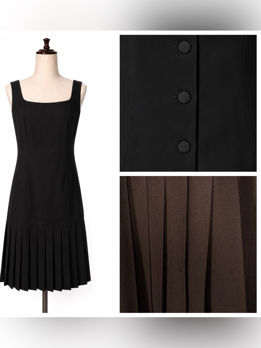 Vintage pleated button back black midi dress w drop waist.  80s retro 20s 8-10